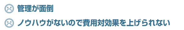 管理が面倒
ノウハウがないので費用対効果を上げられない